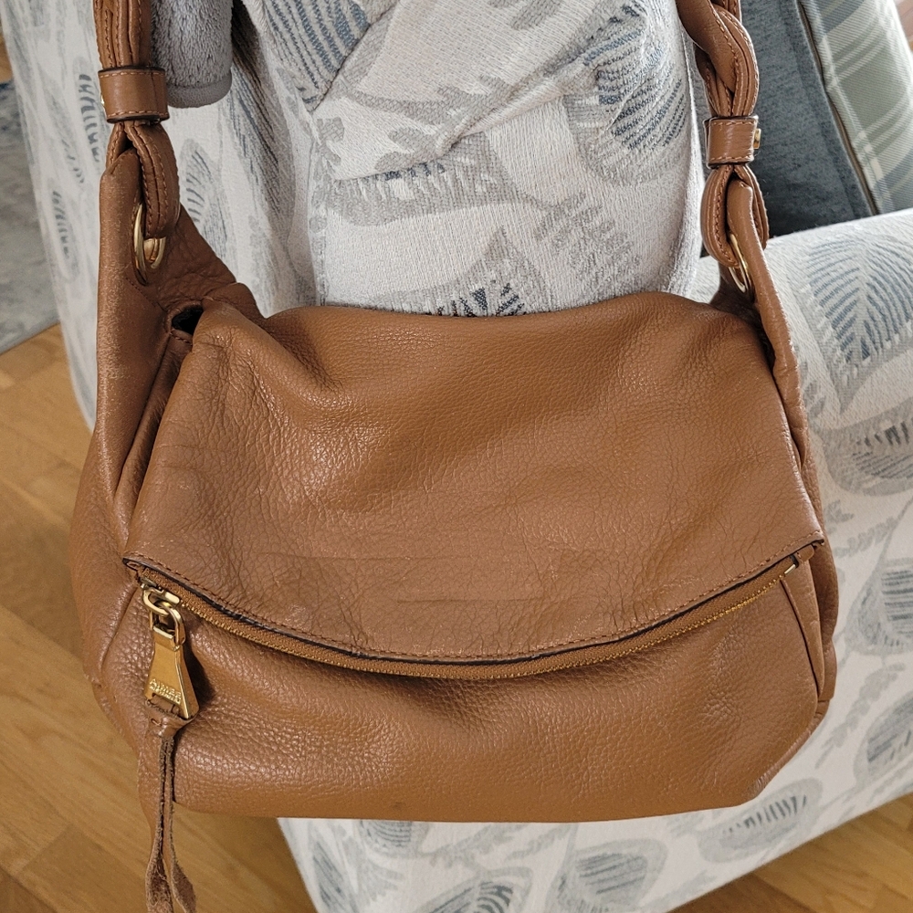 Tan Leather Handbag with Light Blue Fabric Accent